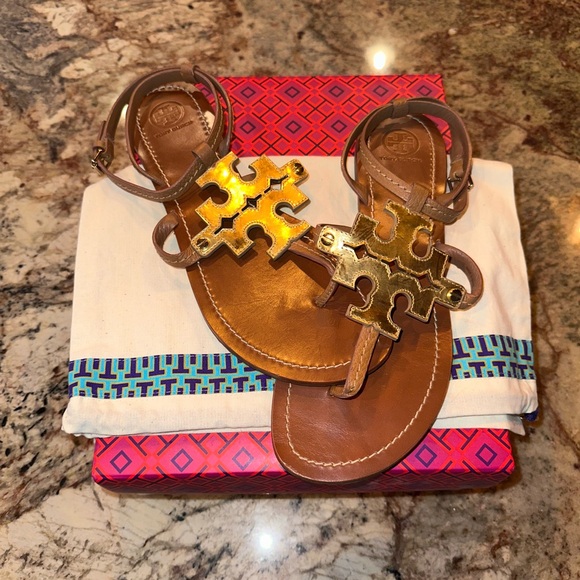 Tory Burch Royal Tan Gold Chandler Flat Sandal Leather - Size 10 - Picture 3 of 6